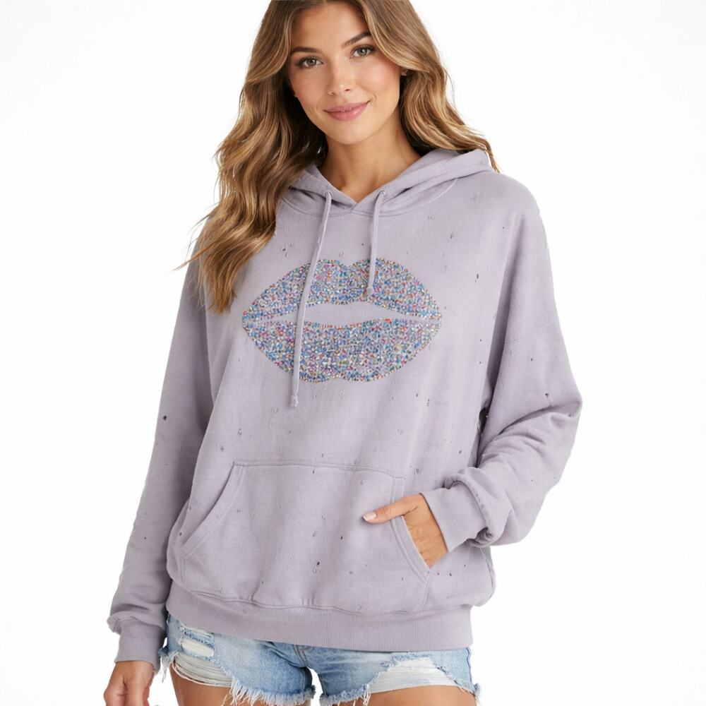 Lauren Moshi Lip Diamond Embellished Distressed Hoodie Sweatshirt Purple L